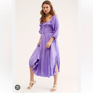 Rare Free People Shiny Oasis Shirred Smocked Square Neck MIDI Dress S